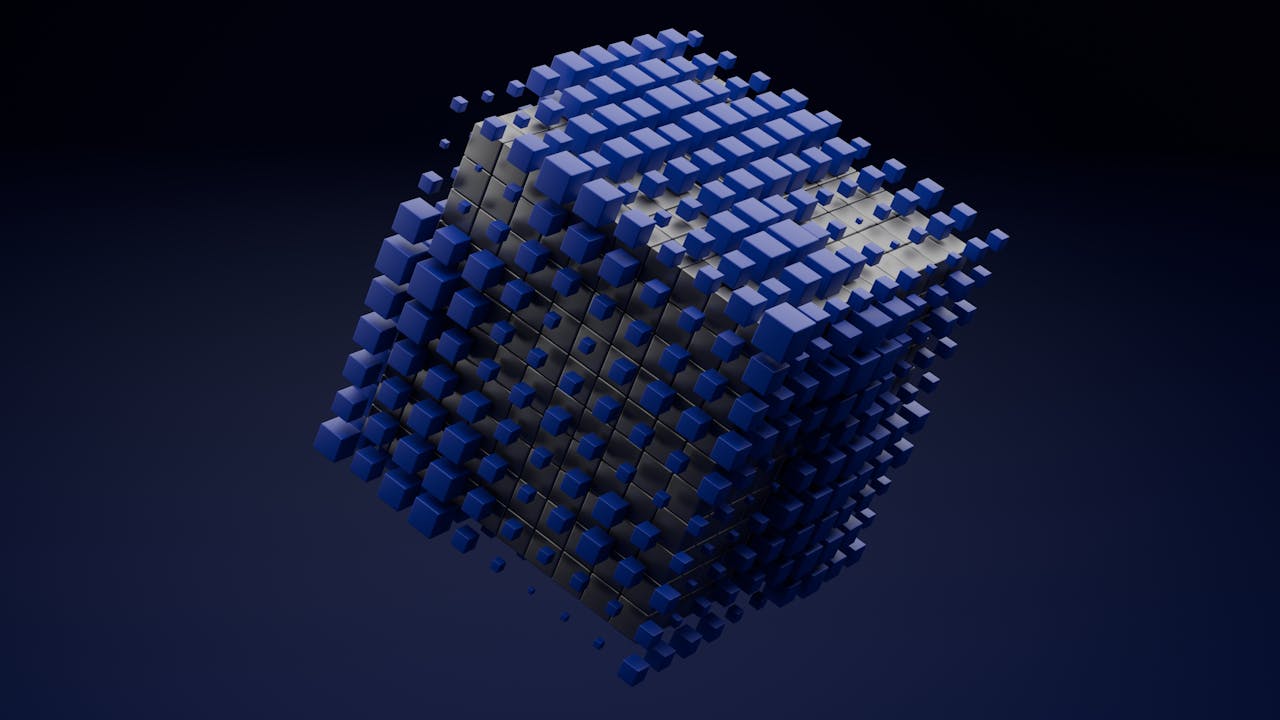 Home A 3D abstract cube made of blue blocks floating on a dark background.