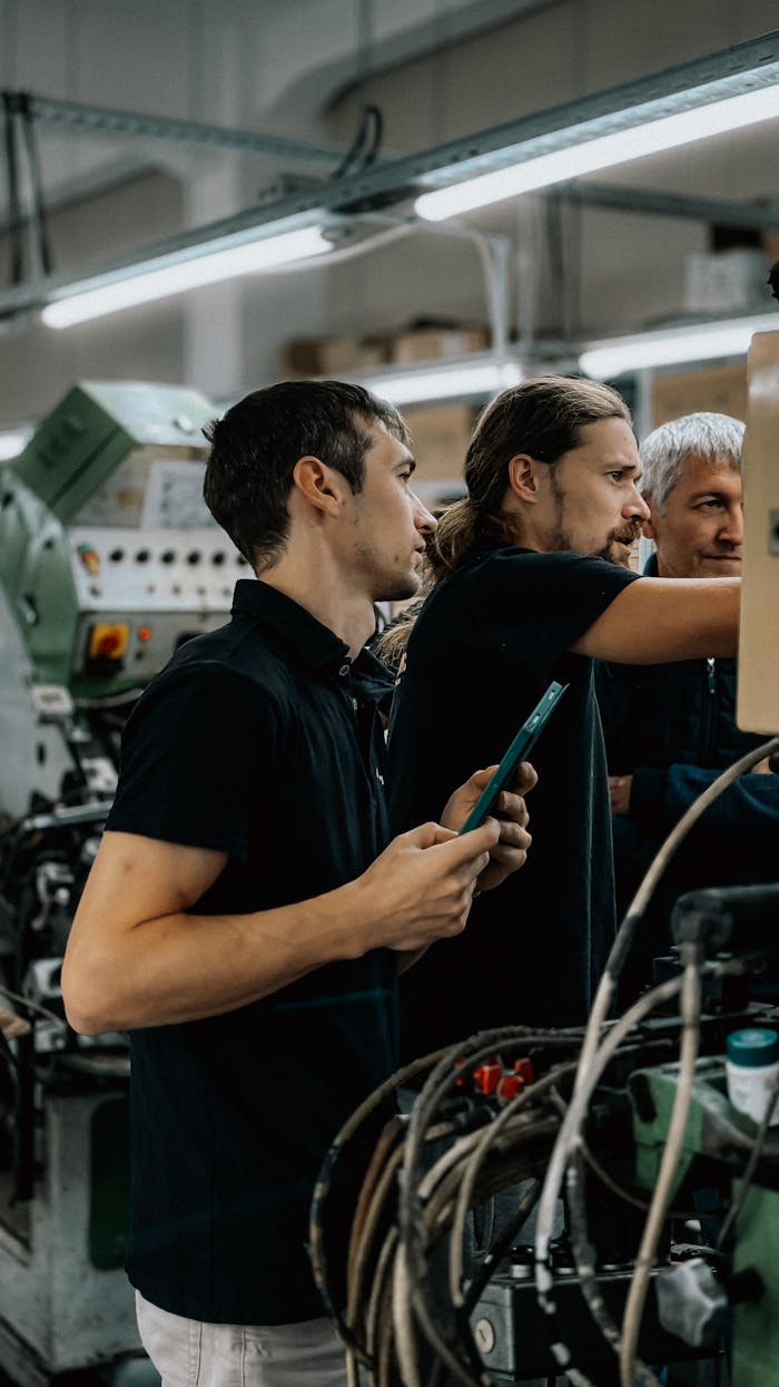 The Art of Drawing Readers In: Your attractive post title goes here Engineers collaborating in an advanced manufacturing facility, focusing on machinery operations.